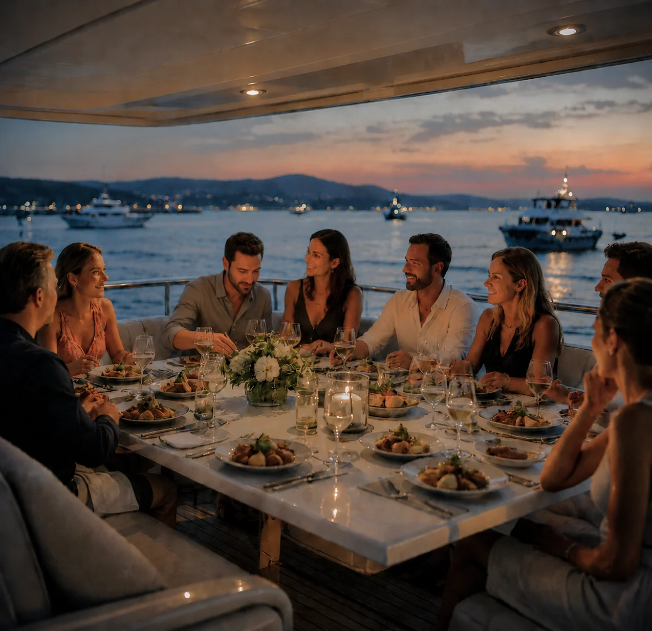 Friends sharing an intimate dinner aboard a private yacht at twilight